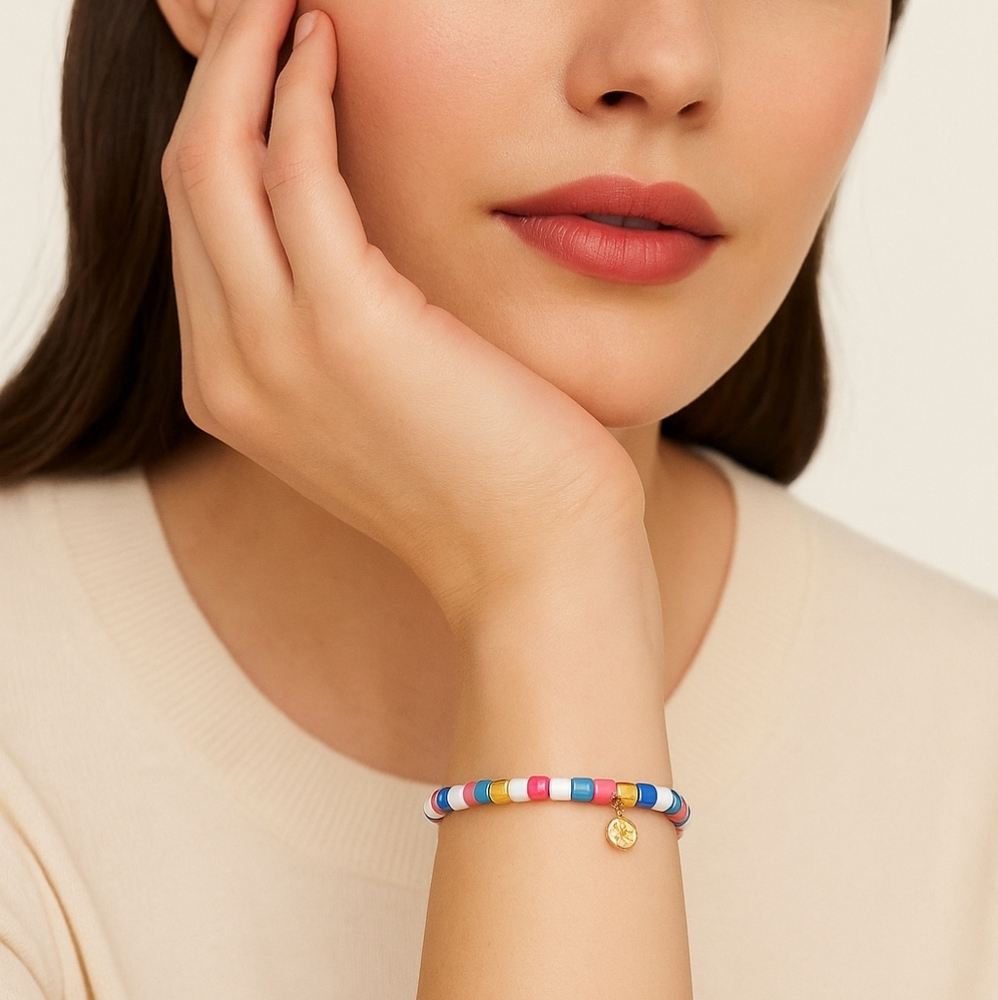 Talbots Multicolor Stretch Beaded Bracelet Gold Accent Fits‎ Up to 8"